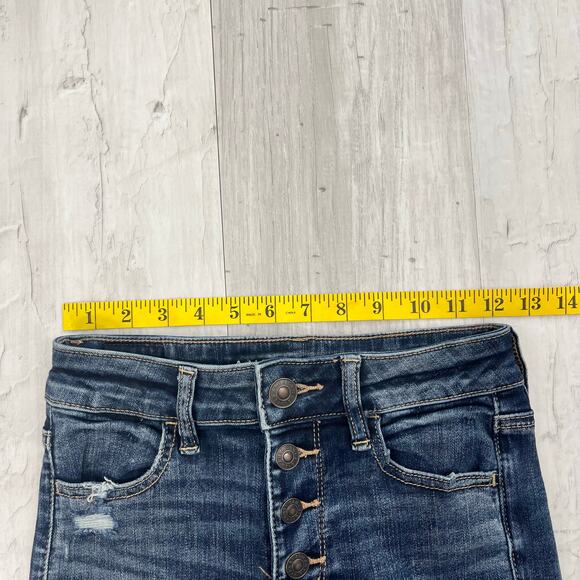 American Eagle Next Level Stretch Hi-Rise Dark Wash Button Distressed Jegging 4 - Picture 9 of 11